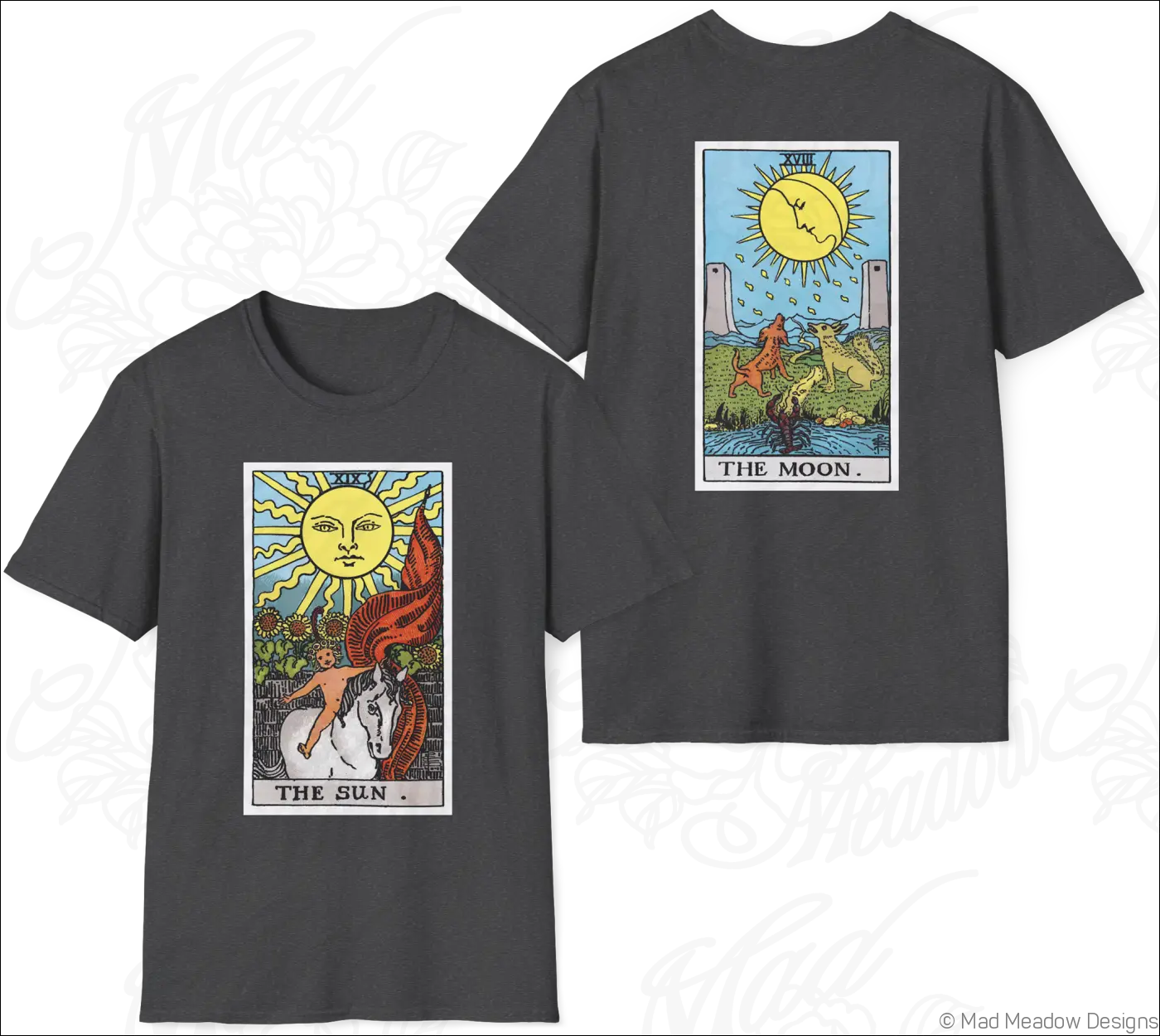 Dark gray t-shirt with front and back sun and moon vintage tarot prints made from ethically sourced cotton for low heat care