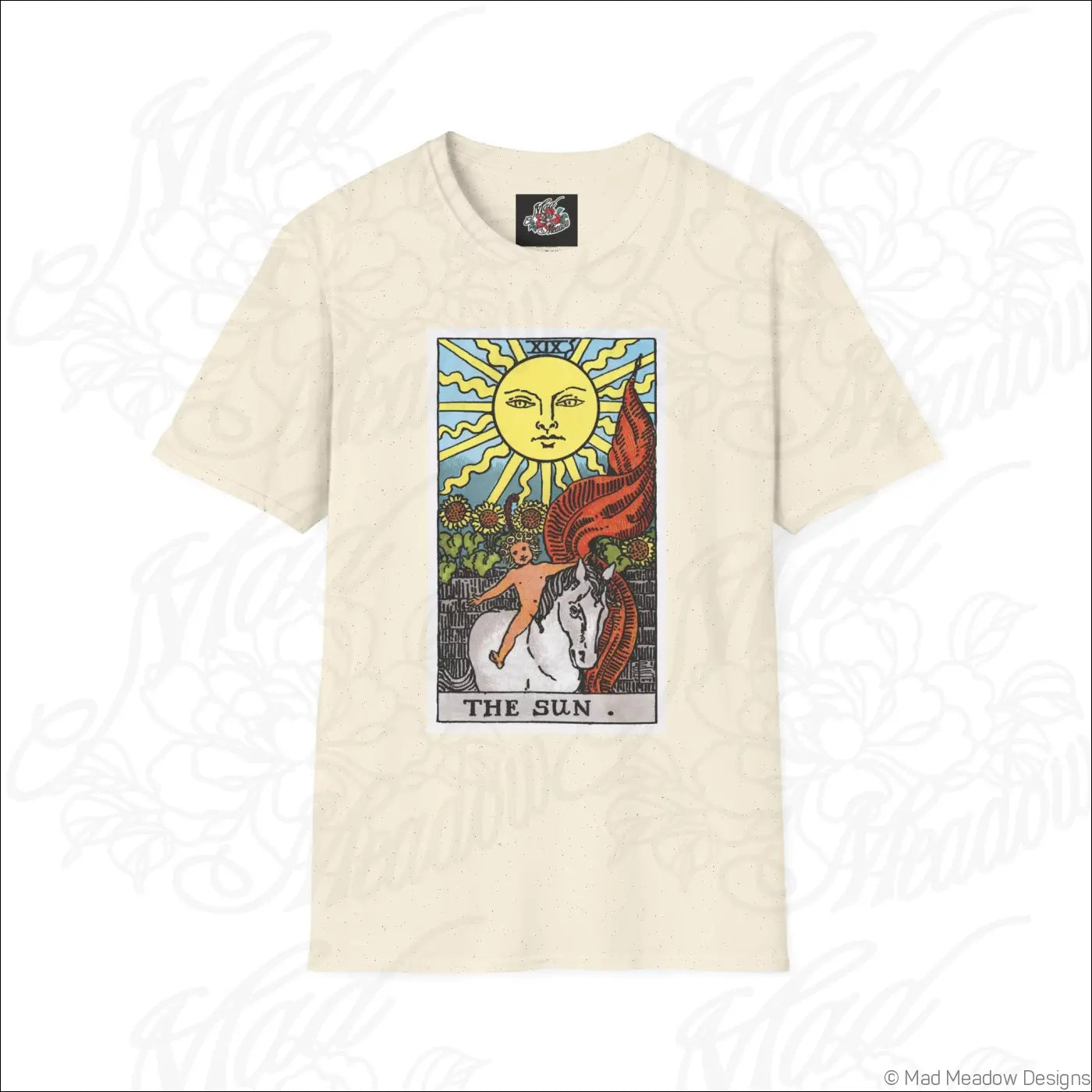 Cream-colored ethically sourced cotton t-shirt with vibrant vintage tarot the sun card design perfect for low heat care