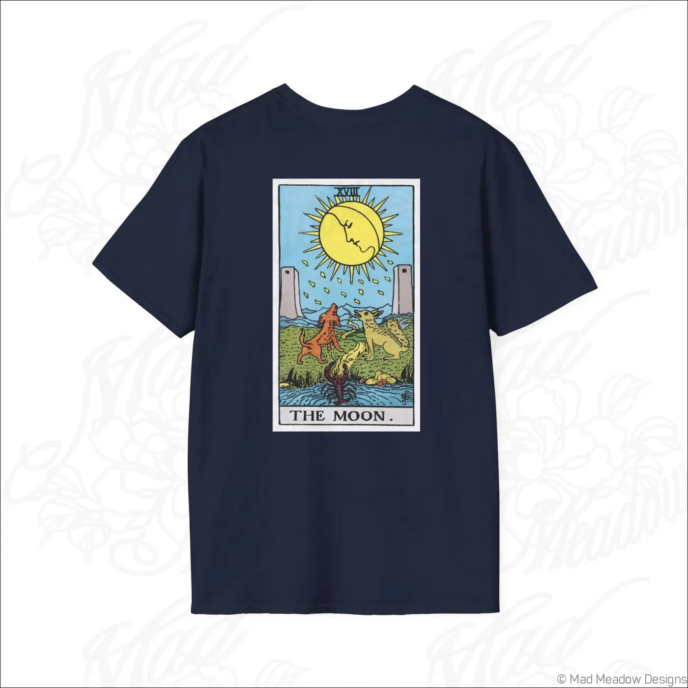 Navy blue short-sleeved t-shirt with a colorful vintage tarot moon card design made from ethically sourced cotton and safe low heat care