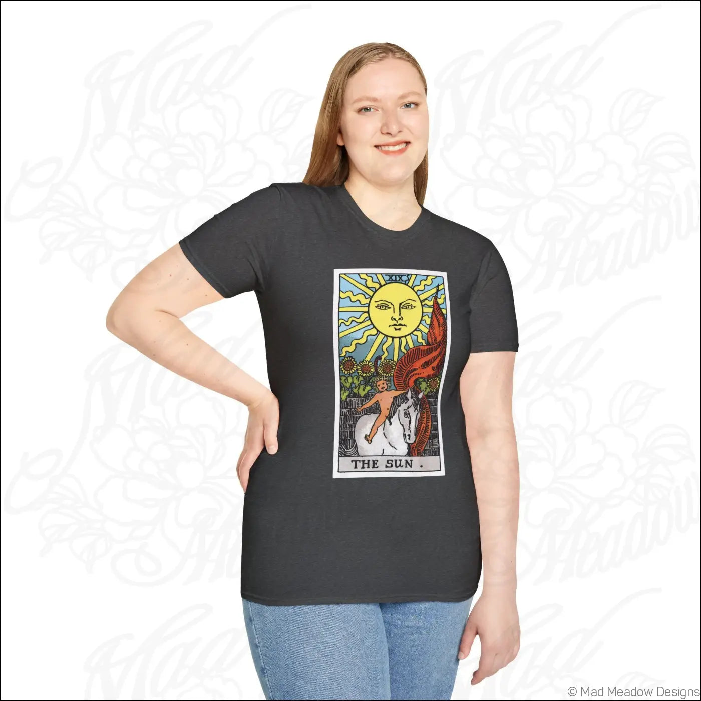 Black t-shirt with vintage tarot the sun card graphic made from ethically sourced cotton for low heat wear