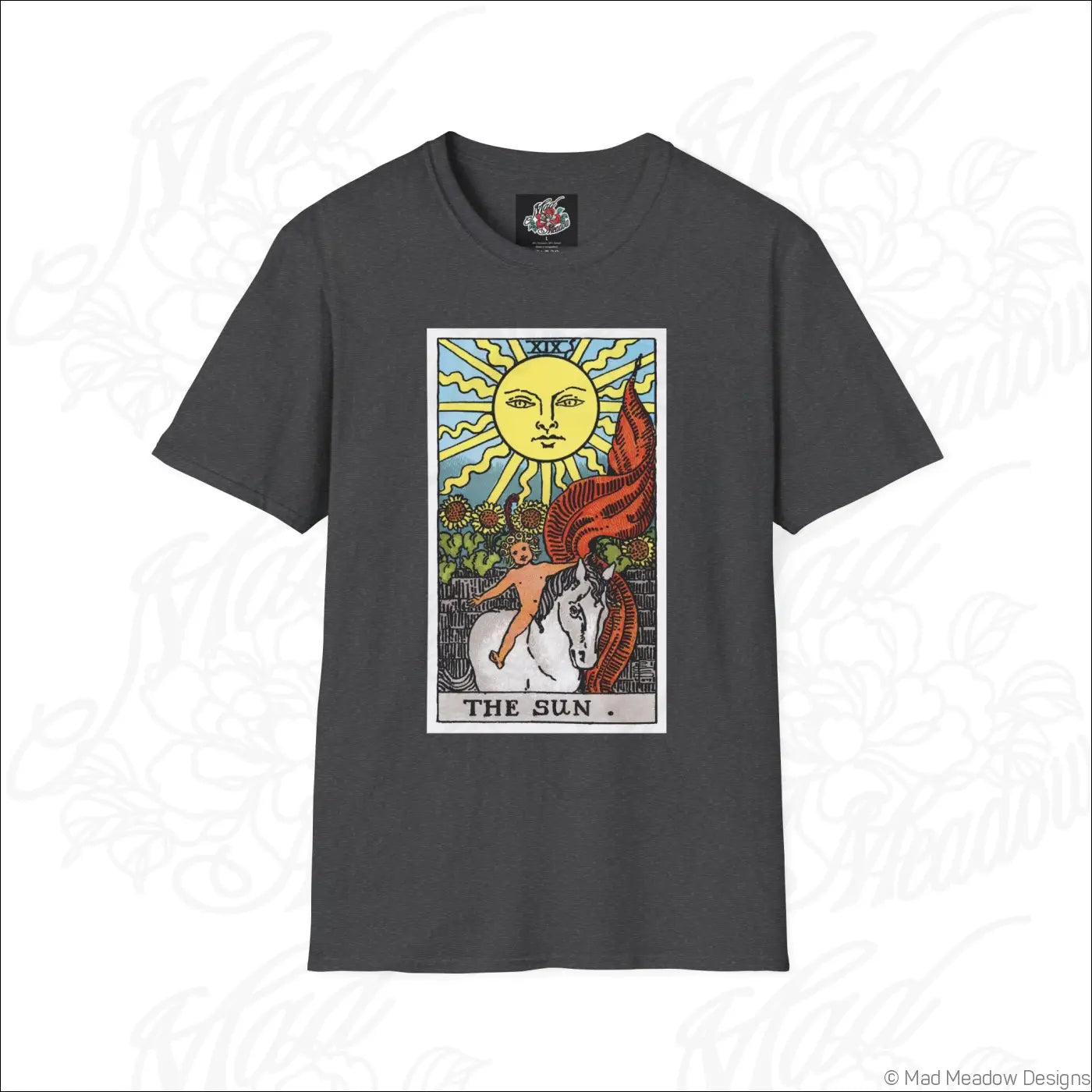 Dark gray t-shirt with vibrant vintage tarot the sun card design on ethically sourced cotton for low heat care