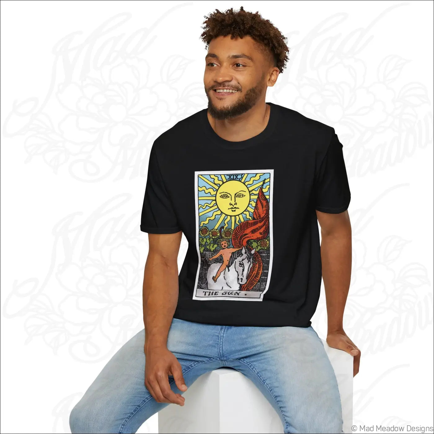 Black t-shirt with colorful vintage tarot sun card graphic on ethically sourced cotton perfect for low heat washing