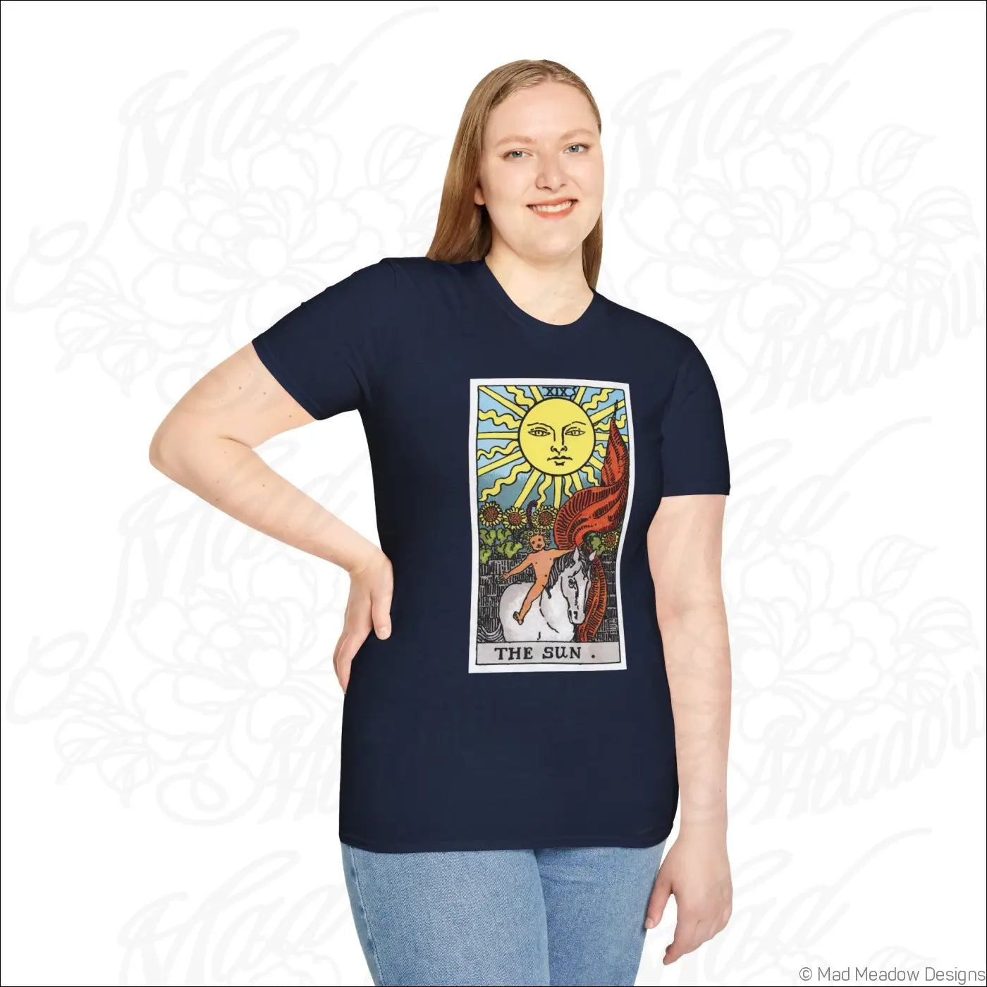 Navy blue t-shirt with colorful vintage tarot the sun card print made from ethically sourced cotton, best washed on low heat