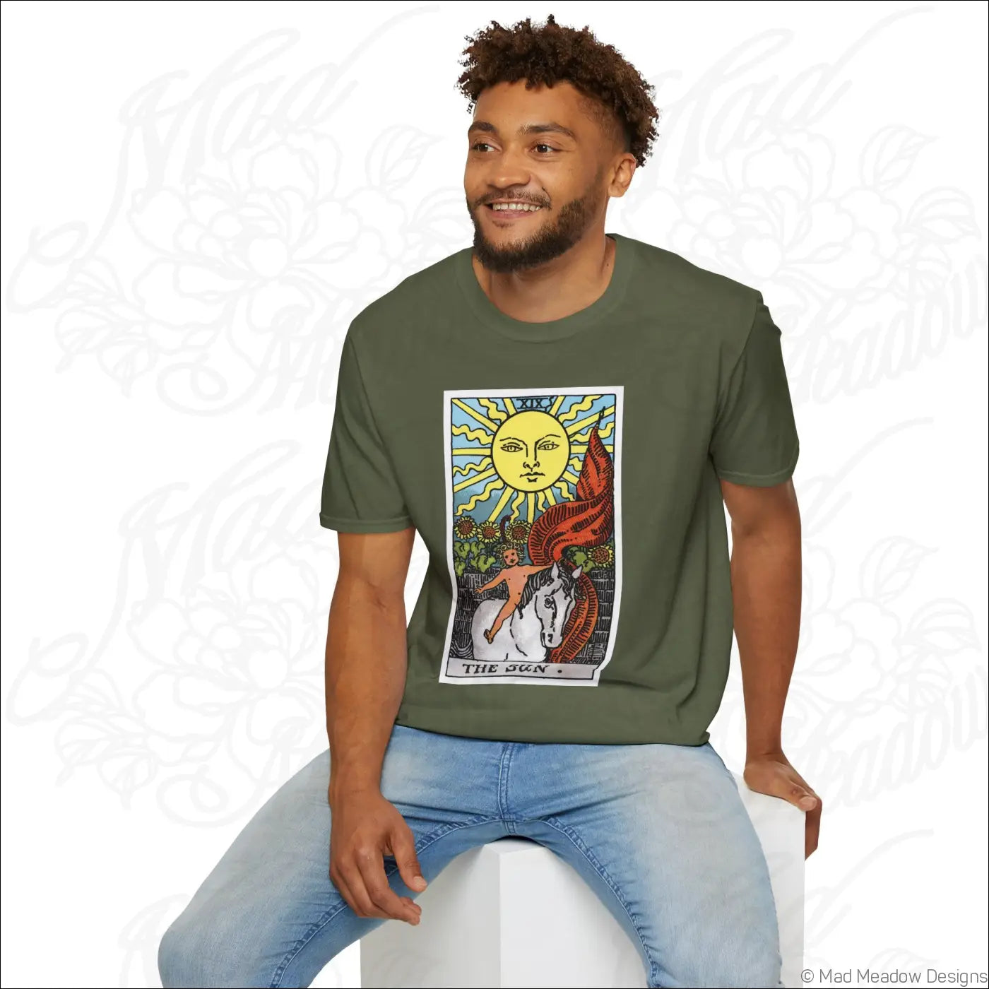 Olive green short-sleeved t-shirt with vintage tarot the sun card design made from ethically sourced cotton for low heat care