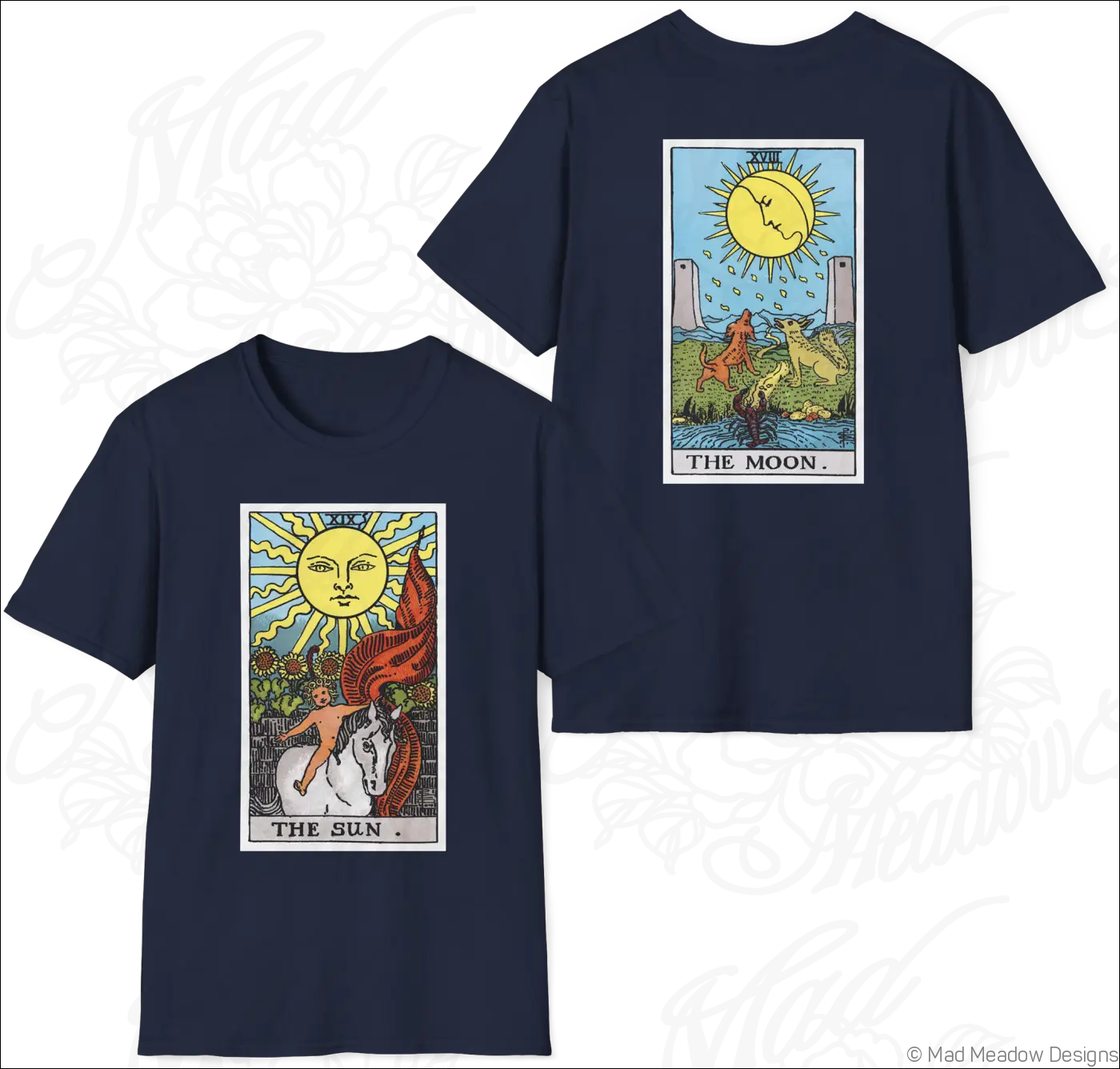 Navy blue t-shirt with vintage tarot sun and moon rider waite smith card designs made of ethically sourced cotton