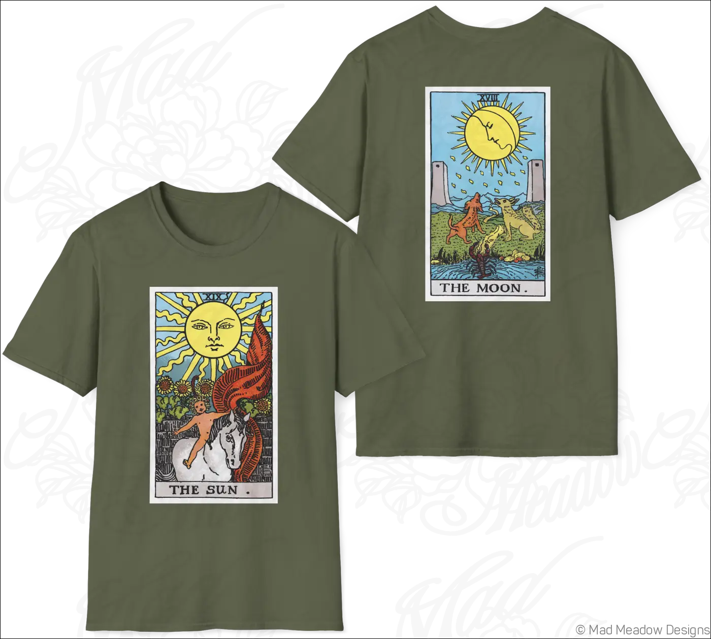 Olive green short-sleeved t-shirt with vintage tarot sun and moon rider waite smith print made from ethically sourced cotton