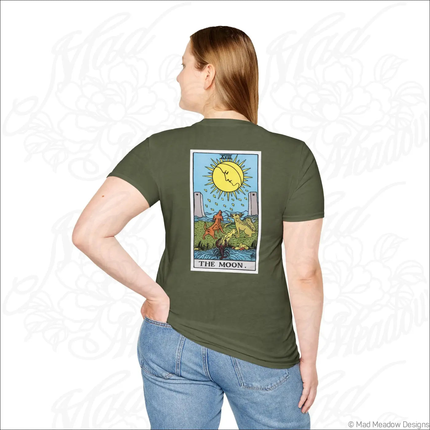 Olive green unisex t-shirt with colorful the moon vintage tarot card graphic on back made from ethically sourced cotton