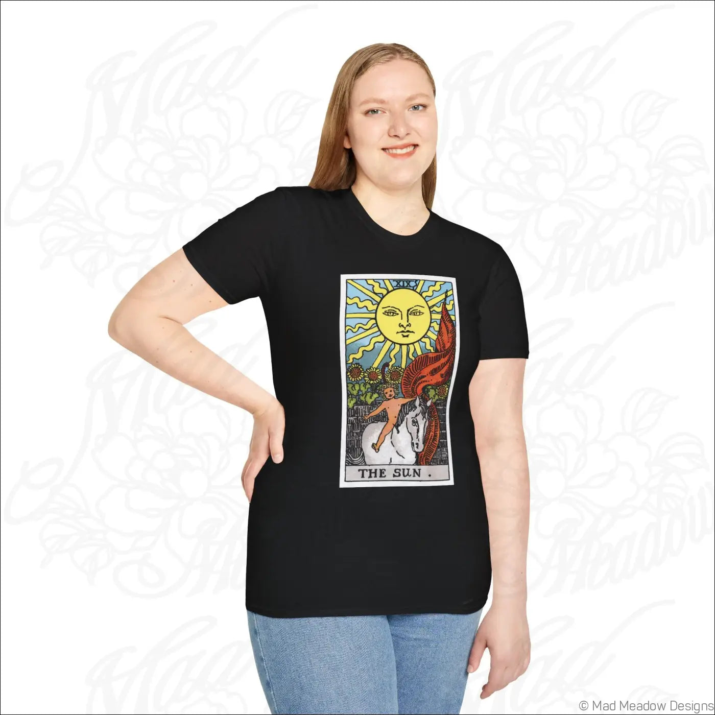 Black t-shirt with colorful vintage tarot sun card graphic made from ethically sourced cotton and low heat safe