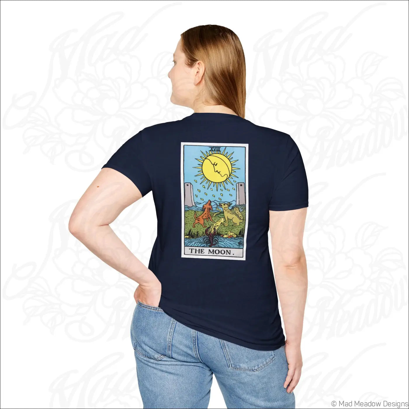 Navy blue t-shirt with the moon tarot card graphic on back made from ethically sourced cotton for vintage tarot fans low heat care
