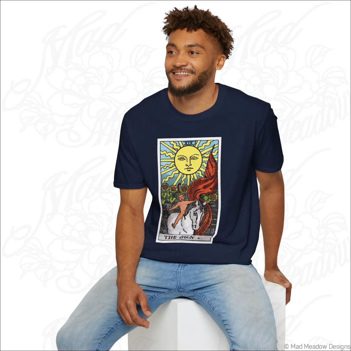 Navy blue vintage tarot t-shirt featuring the sun tarot card printed on ethically sourced cotton with low heat care