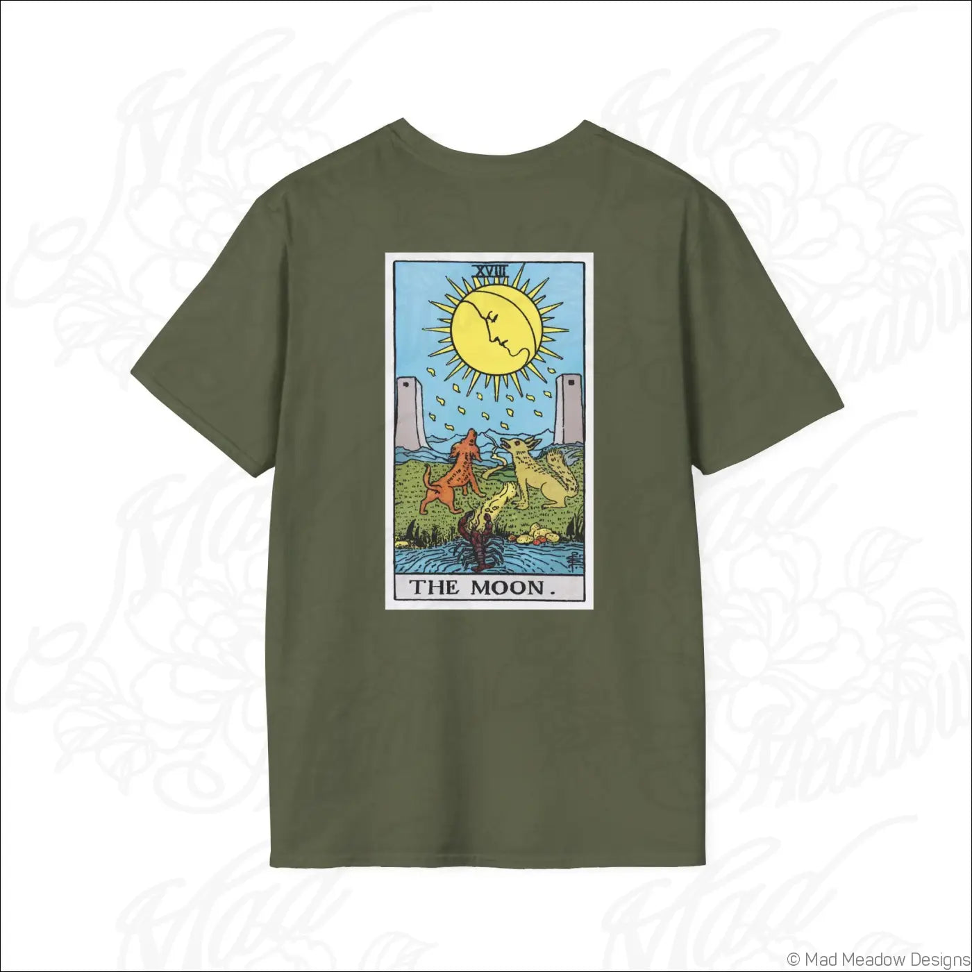 Olive green cotton t-shirt featuring a colorful vintage tarot moon card graphic with two dogs made from ethically sourced cotton
