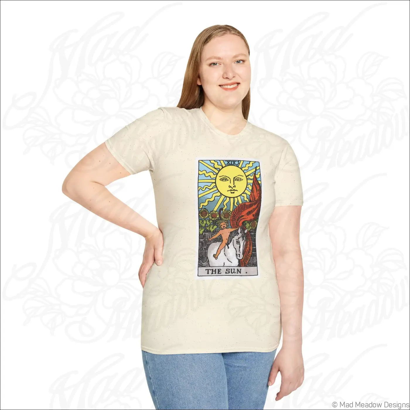 Cream-colored short-sleeved t-shirt with vintage tarot the sun card design made from ethically sourced cotton for low heat care
