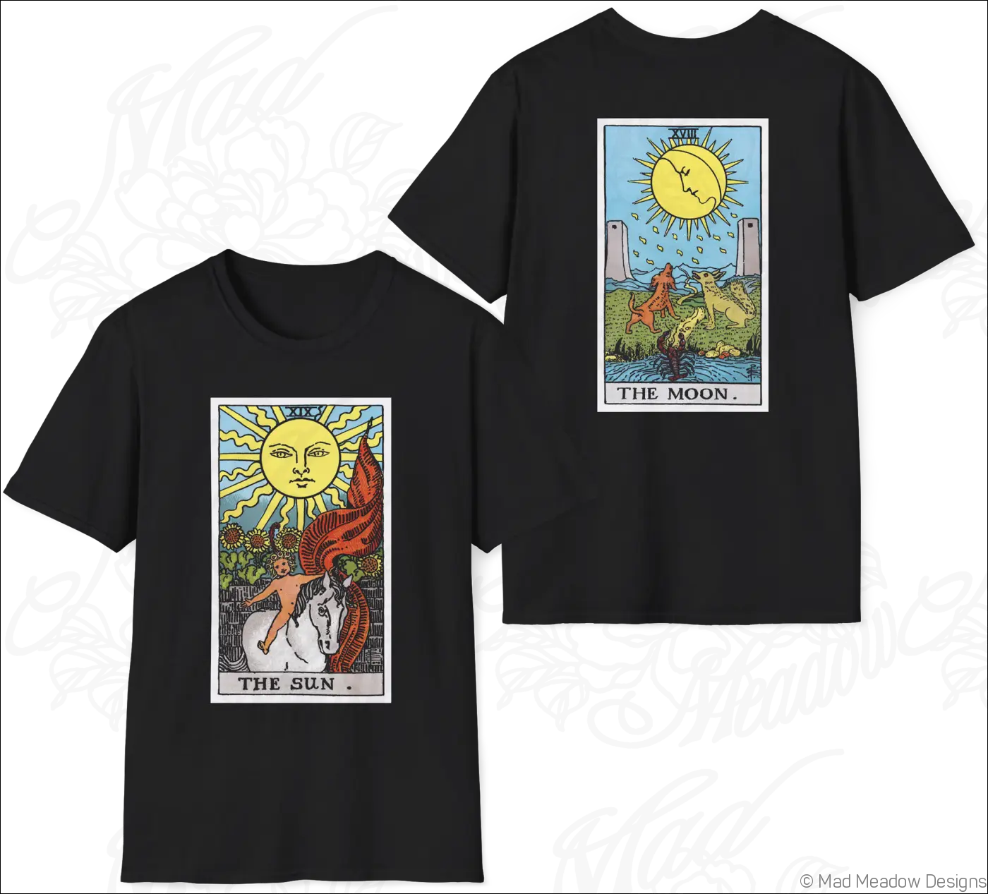 Black t-shirt with vintage tarot sun and moon rider designs made from ethically sourced cotton, low heat care