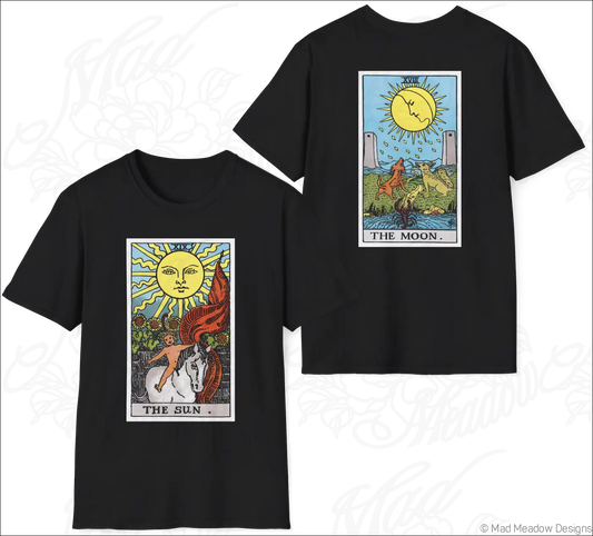 Black t-shirt with vintage tarot sun and moon rider designs made from ethically sourced cotton, low heat care
