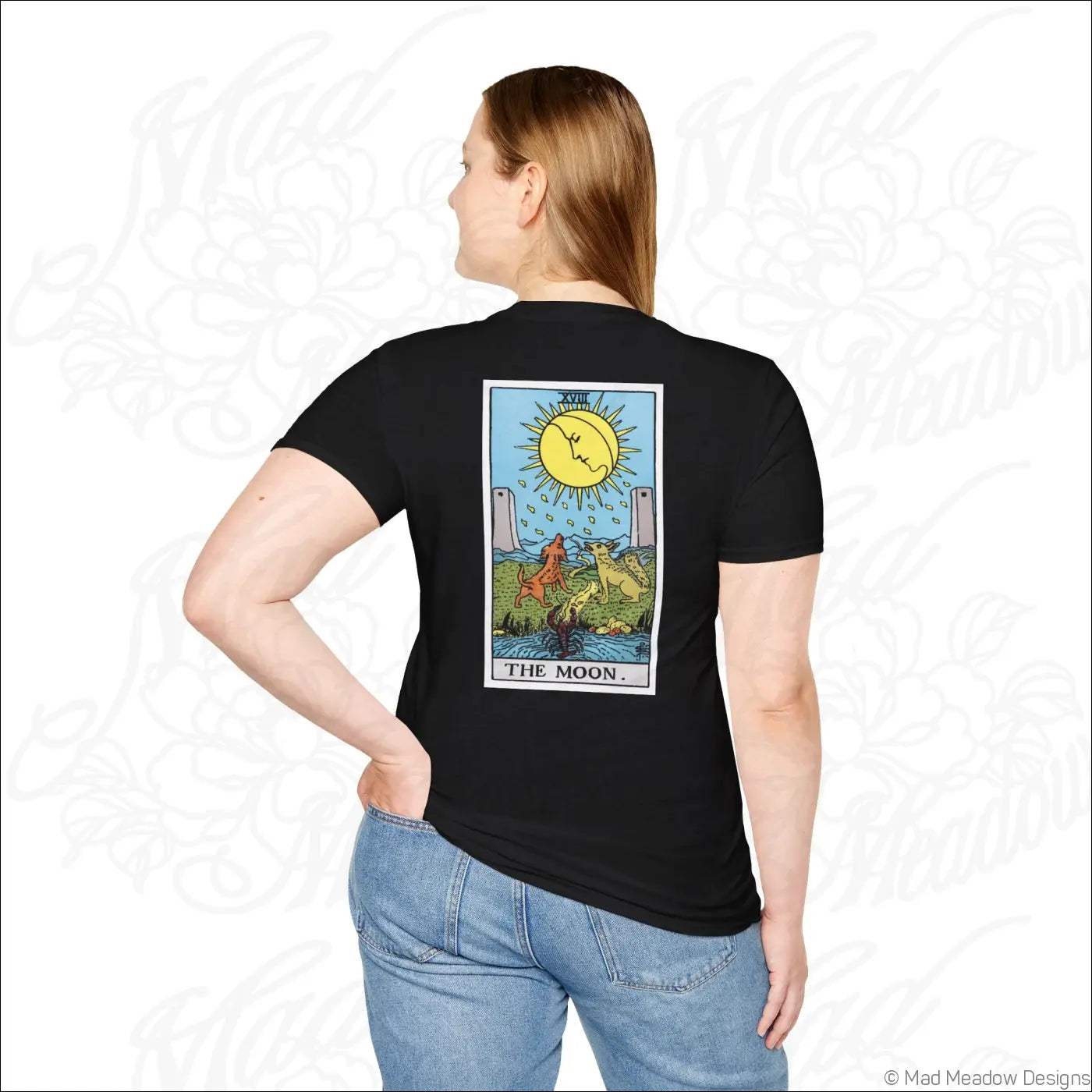 Black short-sleeved t-shirt with colorful vintage tarot the moon card on back made from ethically sourced cotton