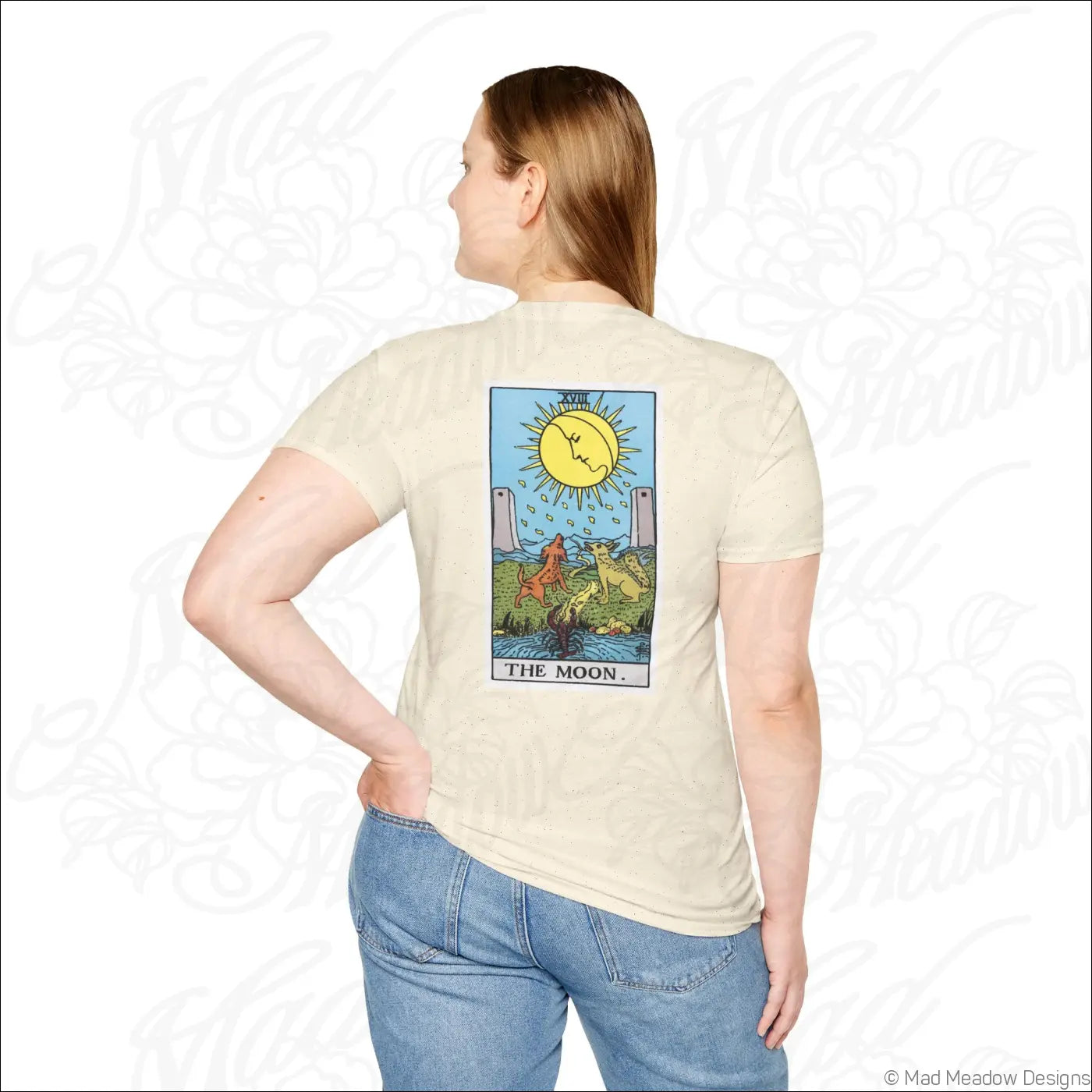 Beige short-sleeved t-shirt with colorful vintage tarot the moon card on back made from ethically sourced cotton