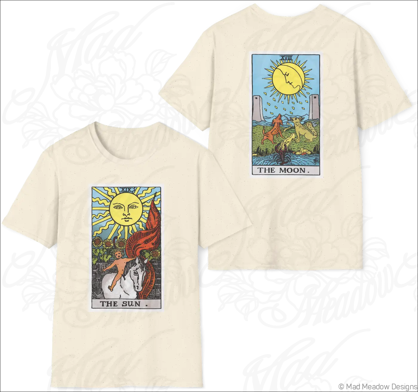Cream short-sleeved t-shirt with vibrant sun and moon rider waite smith vintage tarot design made of ethically sourced cotton