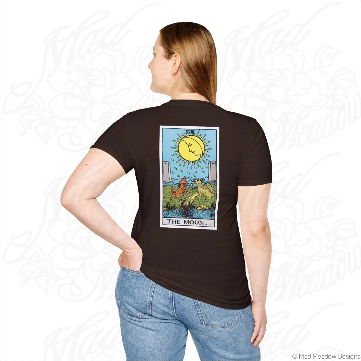 Black short-sleeved t-shirt with colorful moon tarot card graphic on back made from ethically sourced cotton perfect for low heat care vintage tarot style