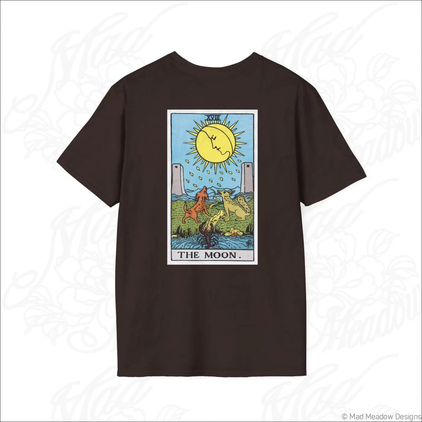 Dark brown short-sleeved tarot t-shirt with the moon card graphic made of ethically sourced cotton perfect for low heat washing