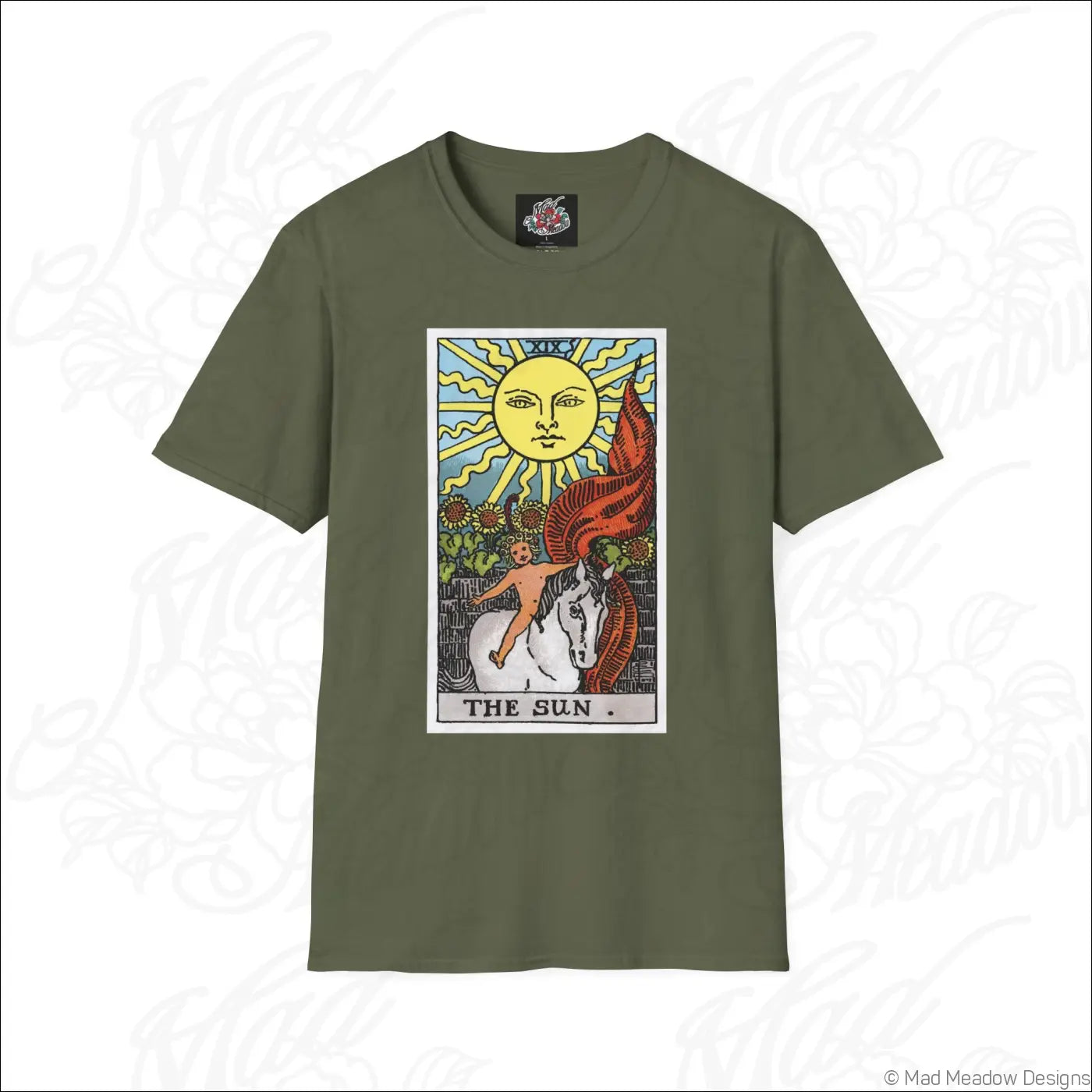 Olive green vintage tarot t-shirt with colorful sun tarot card graphic made from ethically sourced cotton, low heat care
