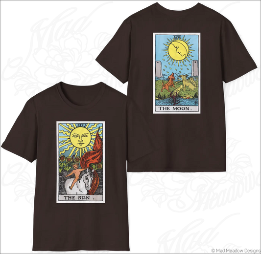 Dark brown short-sleeved t-shirt with colorful vintage tarot designs made from ethically sourced cotton for low heat care