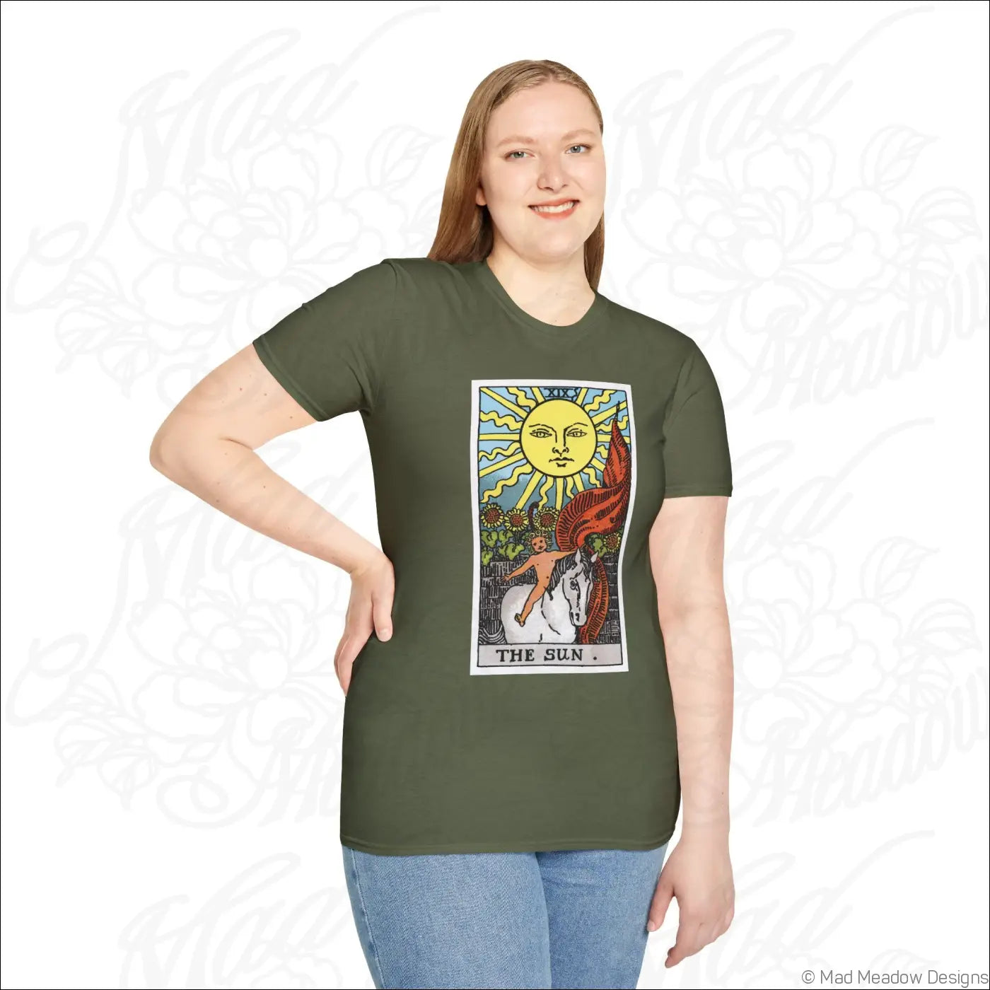 Olive green t-shirt with colorful vintage tarot the sun card design made from ethically sourced cotton for low heat care