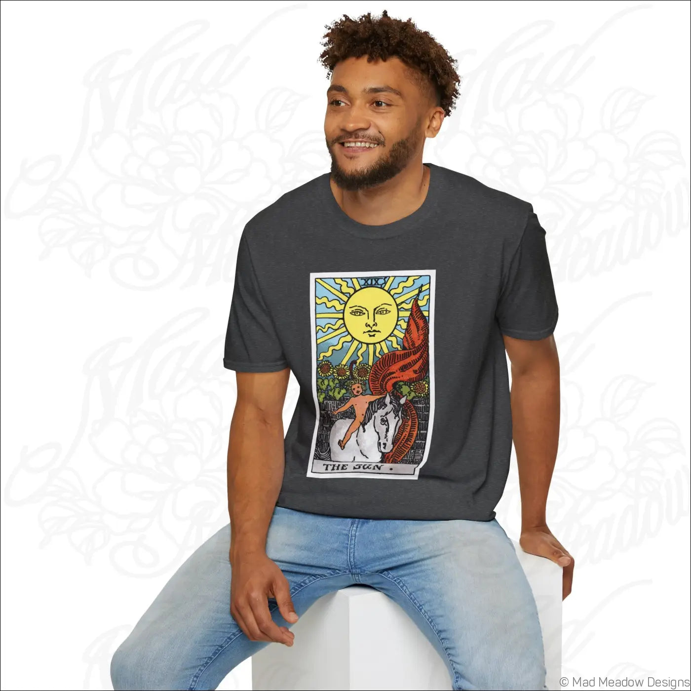 Dark gray cotton t-shirt with vintage tarot the sun card graphic made from ethically sourced cotton, low heat care