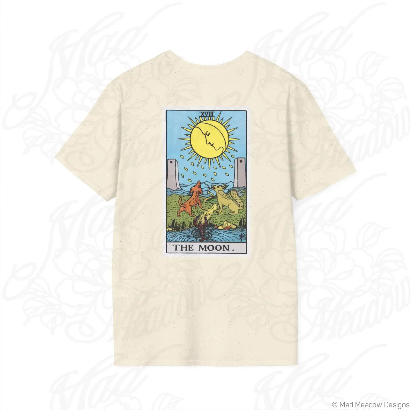 Cream-colored vintage tarot t-shirt with the moon card design made from ethically sourced cotton, wash low heat