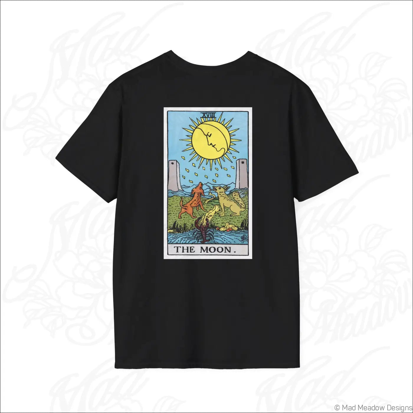 Black short sleeved t-shirt with vintage tarot moon card graphic and smiling sun made from ethically sourced cotton