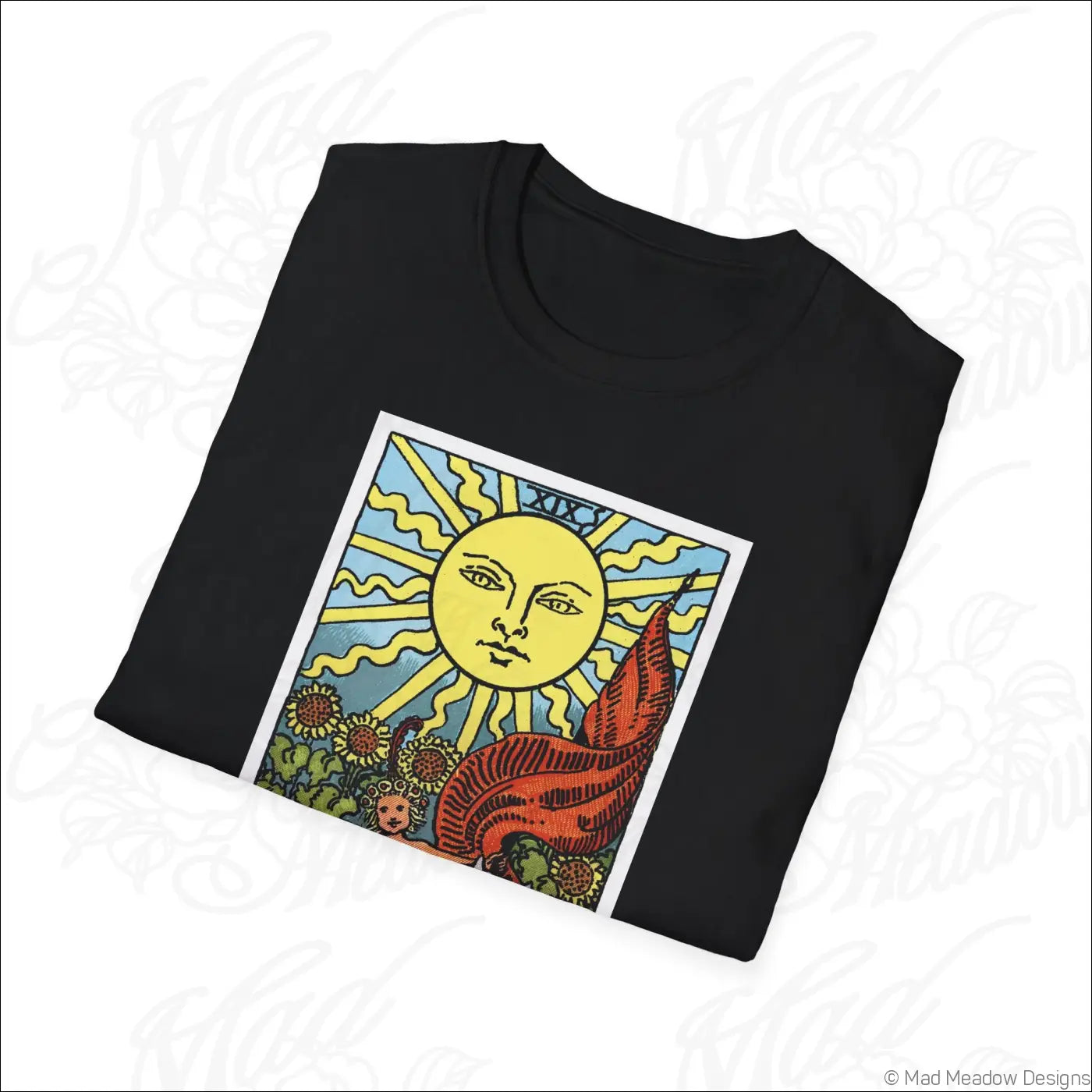 Black t-shirt with colorful vintage tarot sun card design made from ethically sourced cotton for low heat care