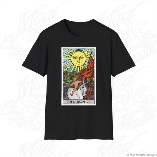 Black short-sleeved t-shirt with colorful vintage tarot sun card design made from ethically sourced cotton for low heat care