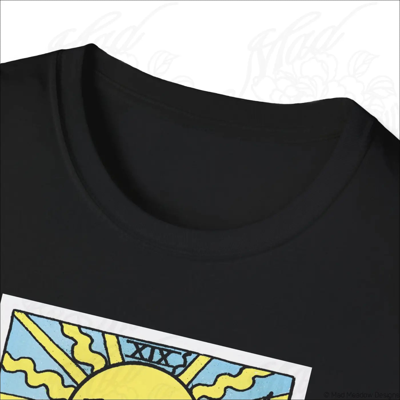 Black t-shirt with a vibrant sun graphic and roman numerals xxix made from ethically sourced cotton vintage tarot tee safe low heat wash