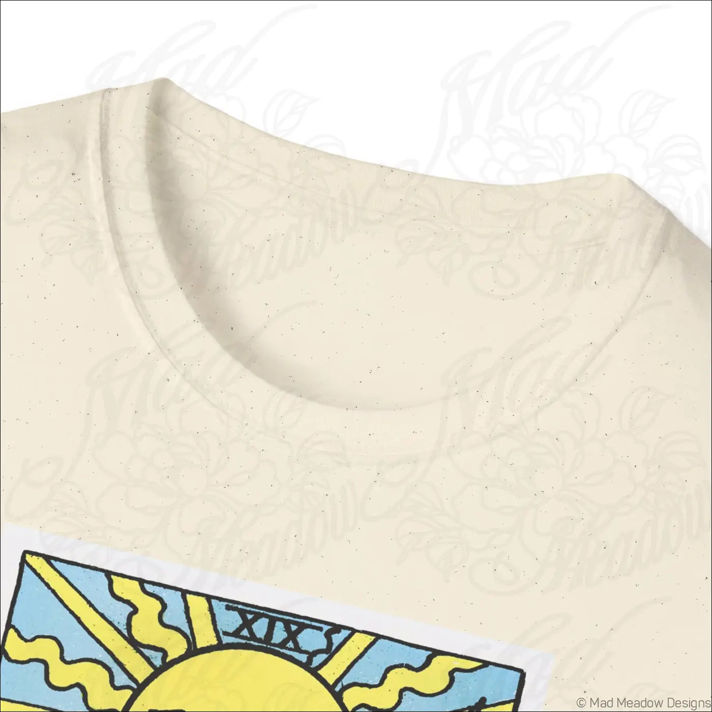 Cream-colored ethically sourced cotton t-shirt with vibrant vintage tarot sun graphic suitable for low heat washing