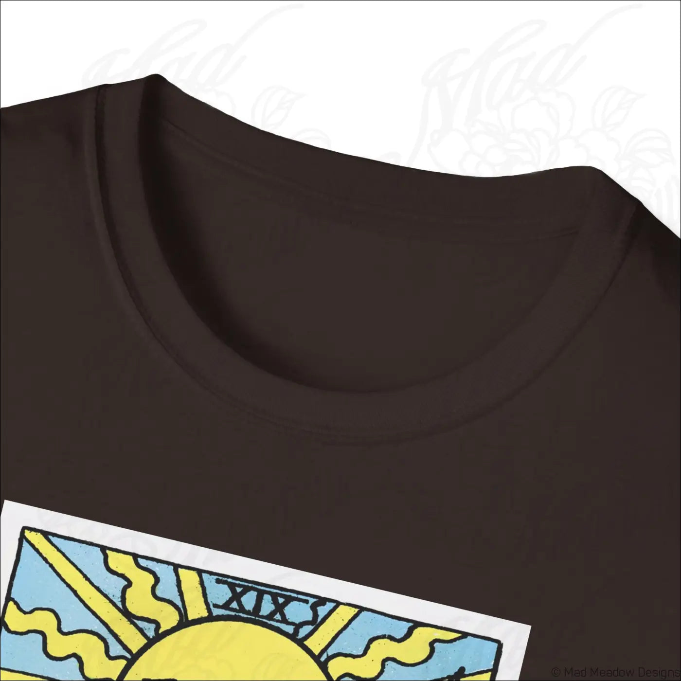 Dark brown t shirt with vibrant vintage tarot sun card design made of ethically sourced cotton for low heat care
