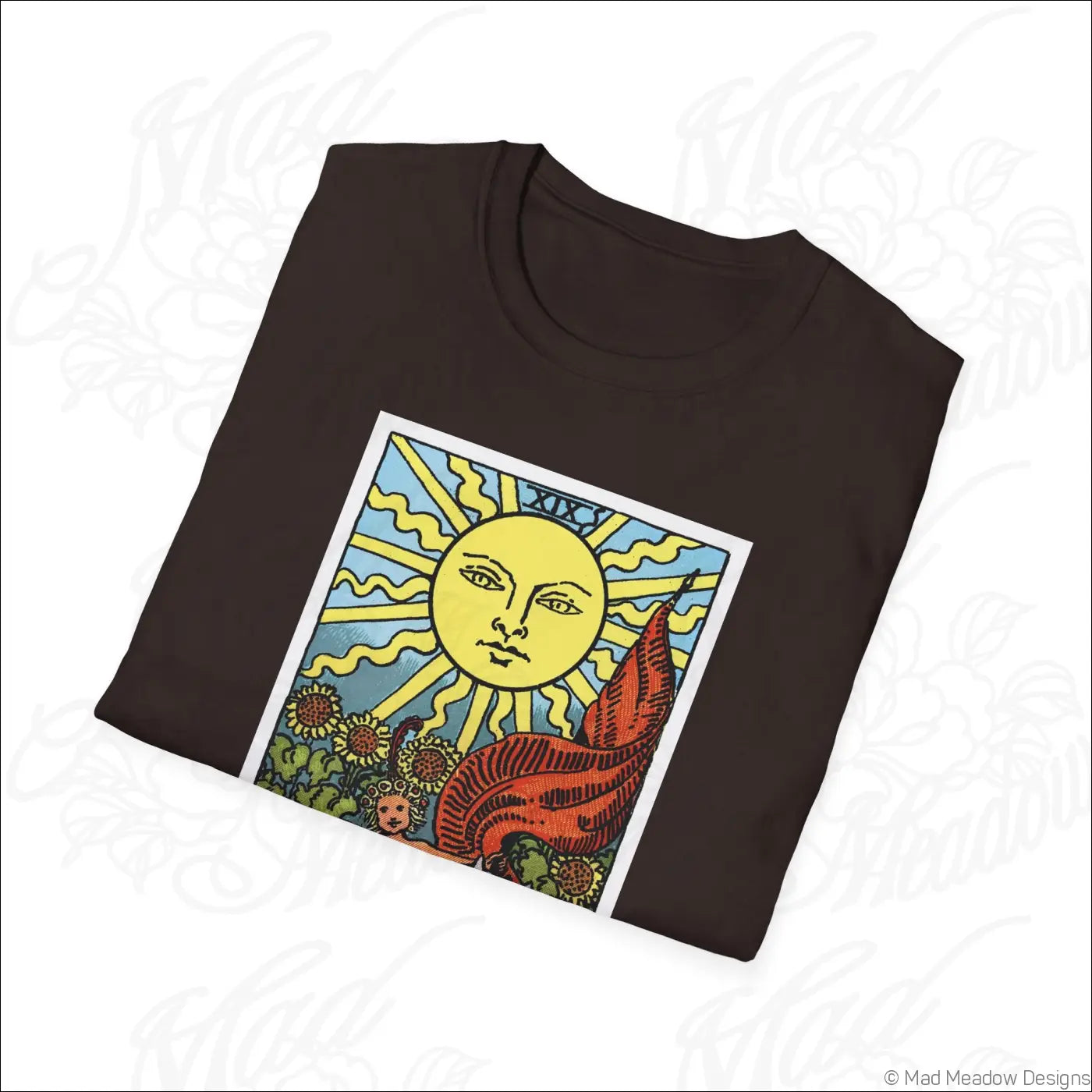 Dark brown ethically sourced cotton t-shirt with a vintage tarot sun card design perfect for low heat washing