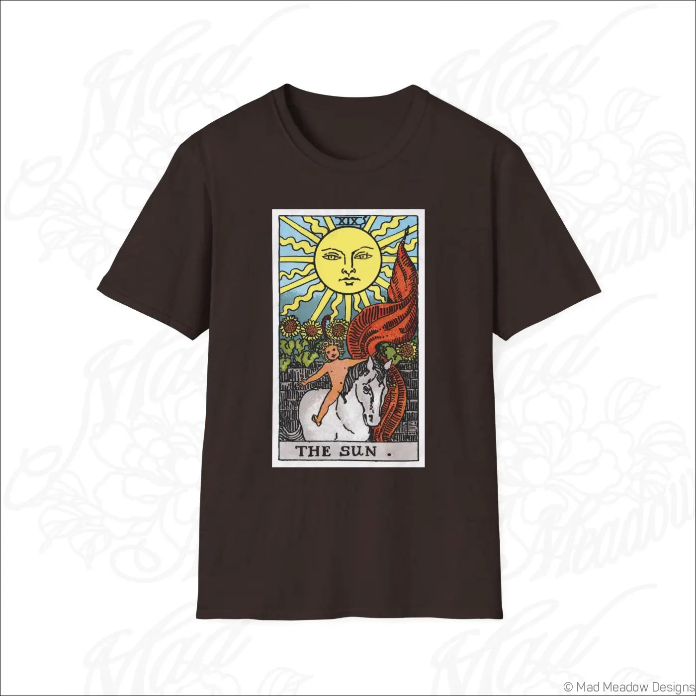 Dark brown short-sleeved t-shirt with vintage tarot the sun card graphic made from ethically sourced cotton for low heat wear