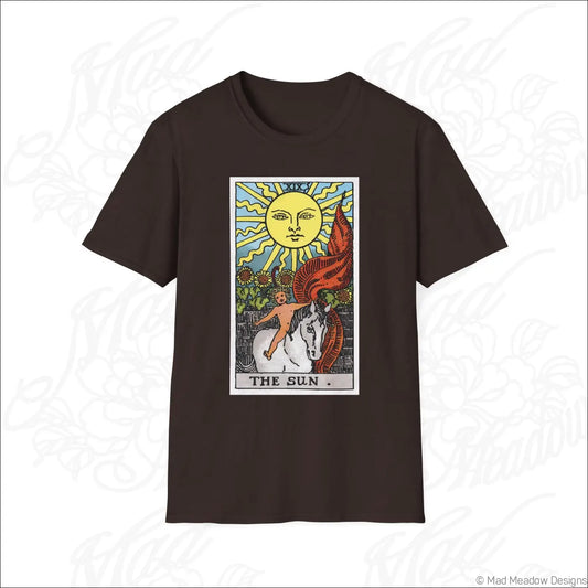Dark brown short-sleeved t-shirt with vintage tarot the sun card graphic made from ethically sourced cotton for low heat wear