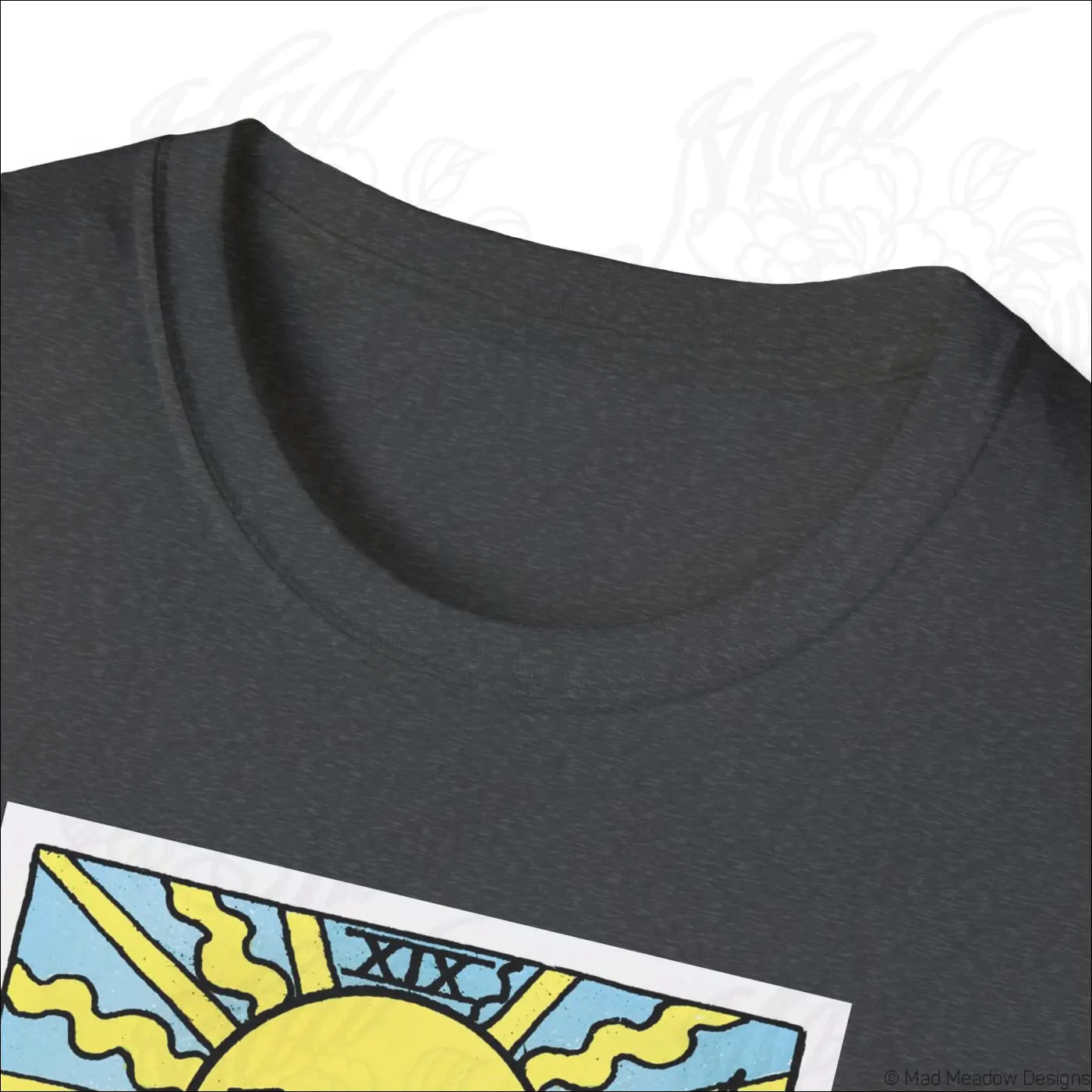 Dark gray heathered cotton sun tarot card t-shirt with vibrant vintage tarot sun graphic made from ethically sourced cotton