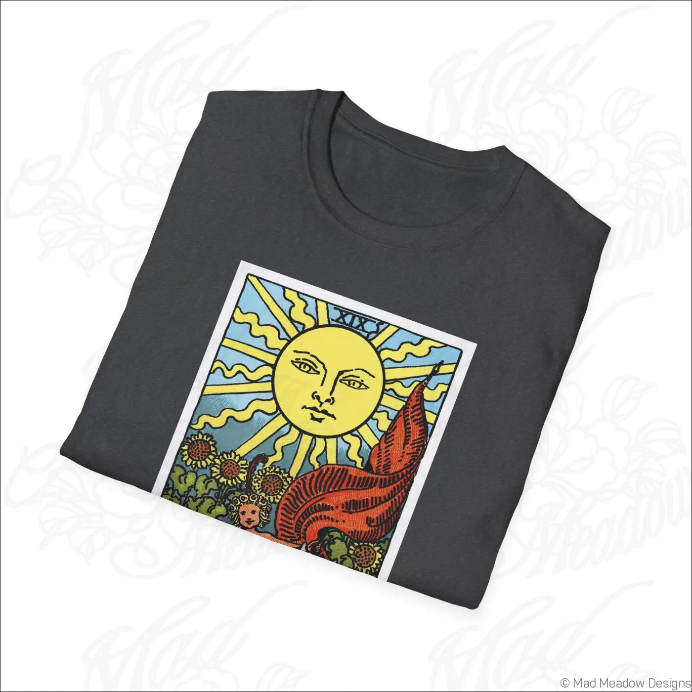 Dark gray t-shirt featuring a vintage tarot sun card print with yellow rays on ethically sourced cotton for low heat care