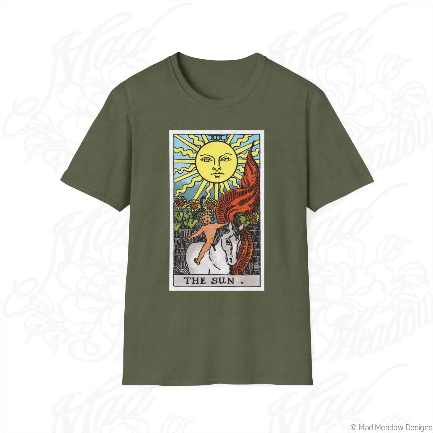 Olive green cotton t-shirt with vibrant vintage tarot the sun card design made from ethically sourced cotton for low heat care