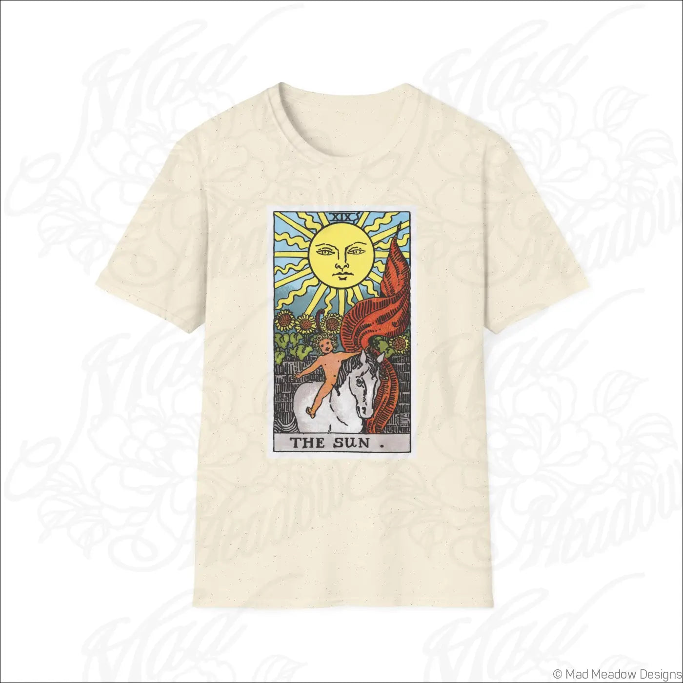 Cream-colored ethically sourced cotton t shirt featuring vintage tarot the sun card with child on white horse and red wings