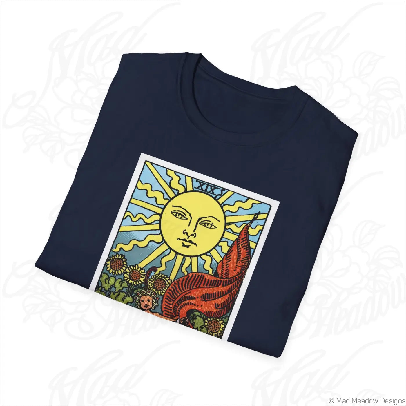 Navy blue vintage tarot t-shirt with vibrant sun tarot card design on ethically sourced cotton and low heat care