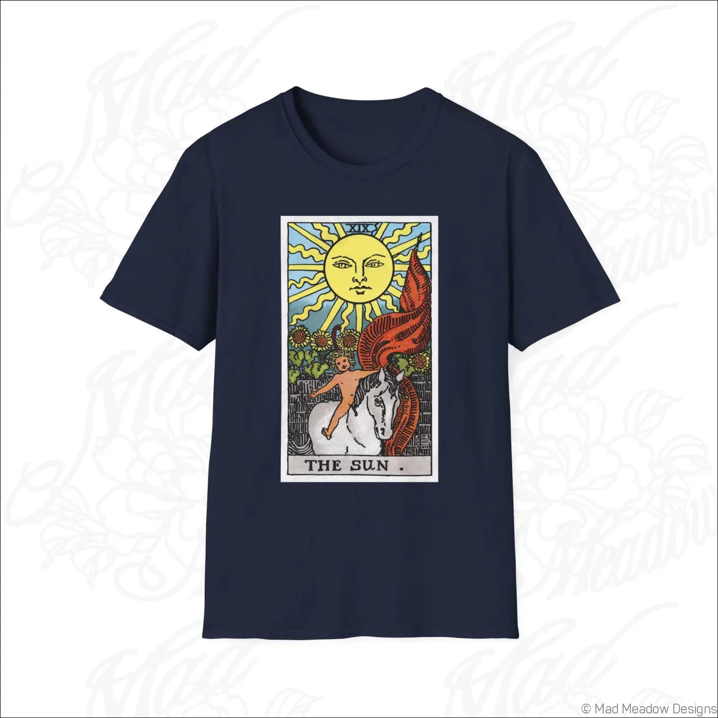 Navy blue sun tarot card t-shirt with colorful vintage tarot design made from ethically sourced cotton, low heat care