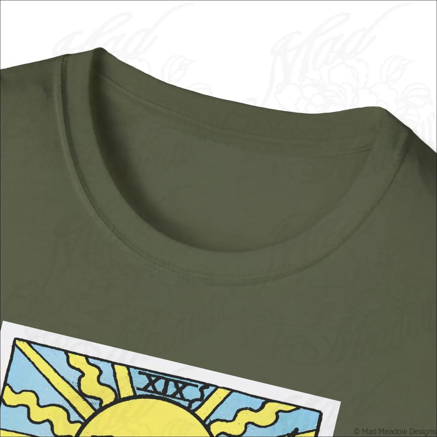 Olive green cotton t-shirt with a vintage tarot sun card design made from ethically sourced cotton and low heat safe