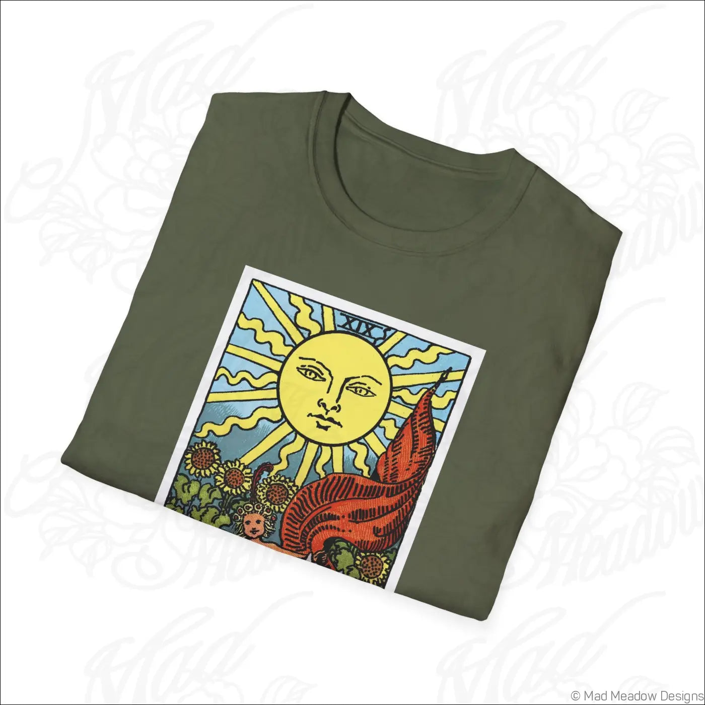 Olive green the sun tarot card t-shirt with vibrant vintage tarot design made from ethically sourced cotton for low heat care
