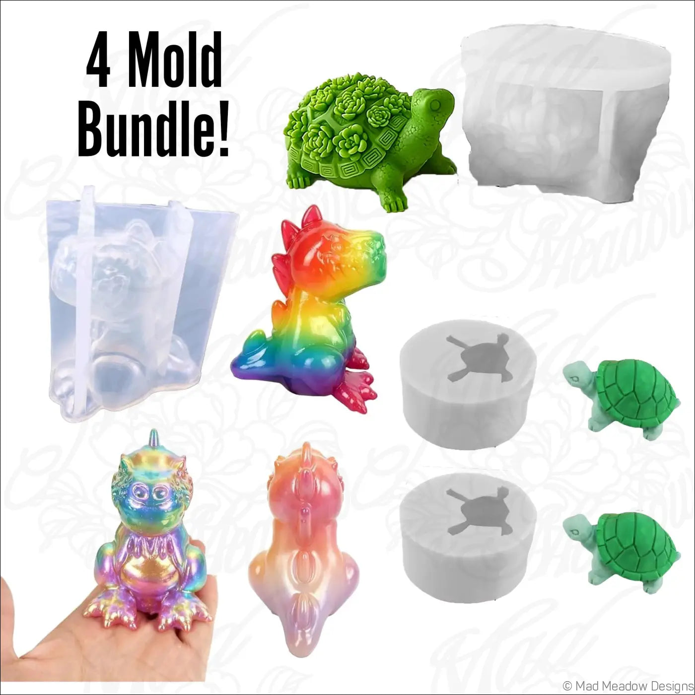 Tortoise Turtle and T-Rex Dinosaur Resin Molds Bundle Flexible Silicone Molds 4Pcs