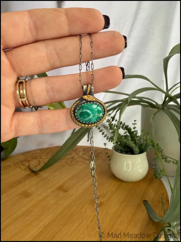 Chrysoprase Sterling Silver and Brass Snake Pendant necklace - Jewelry