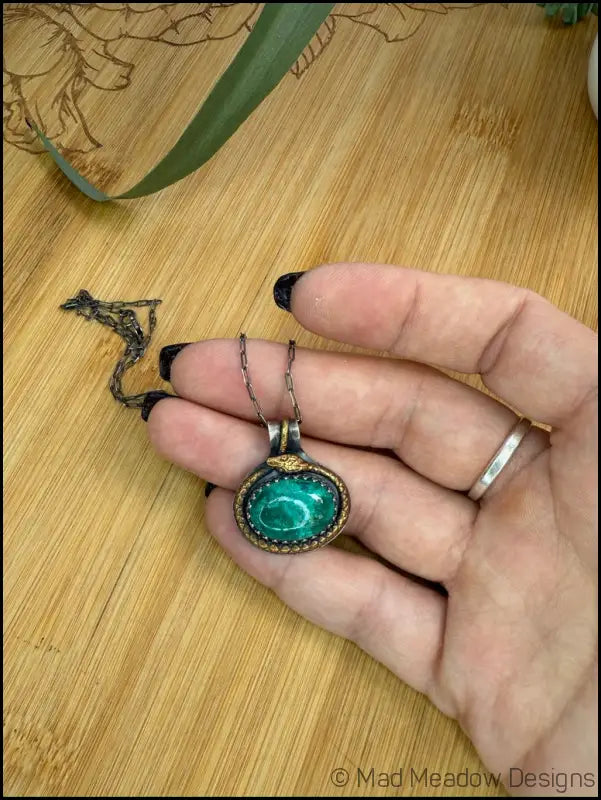Chrysoprase Sterling Silver and Brass Snake Pendant necklace - Jewelry