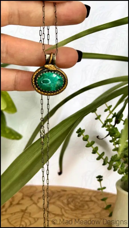 Chrysoprase Sterling Silver and Brass Snake Pendant necklace - Jewelry