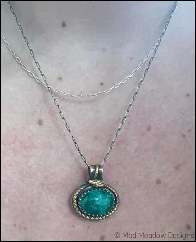 Chrysoprase Sterling Silver and Brass Snake Pendant necklace - Jewelry